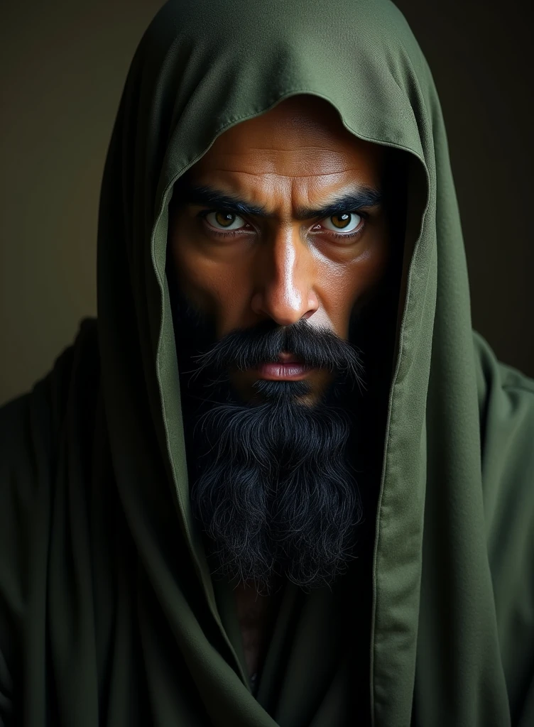 A man with a long dark beard and piercing eyes. The man is wearing an olive green robe with a Muslim head covering that partially hides his face, giving him an air of mystery and severity. The lighting and composition create a dramatic effect of light and shadow, highlighting the person's strong facial features and lending an air of contemplation or seriousness to the image. Overall, it is a compelling and evocative image that invites the viewer to imagine the story or character behind the subject's compelling gaze.