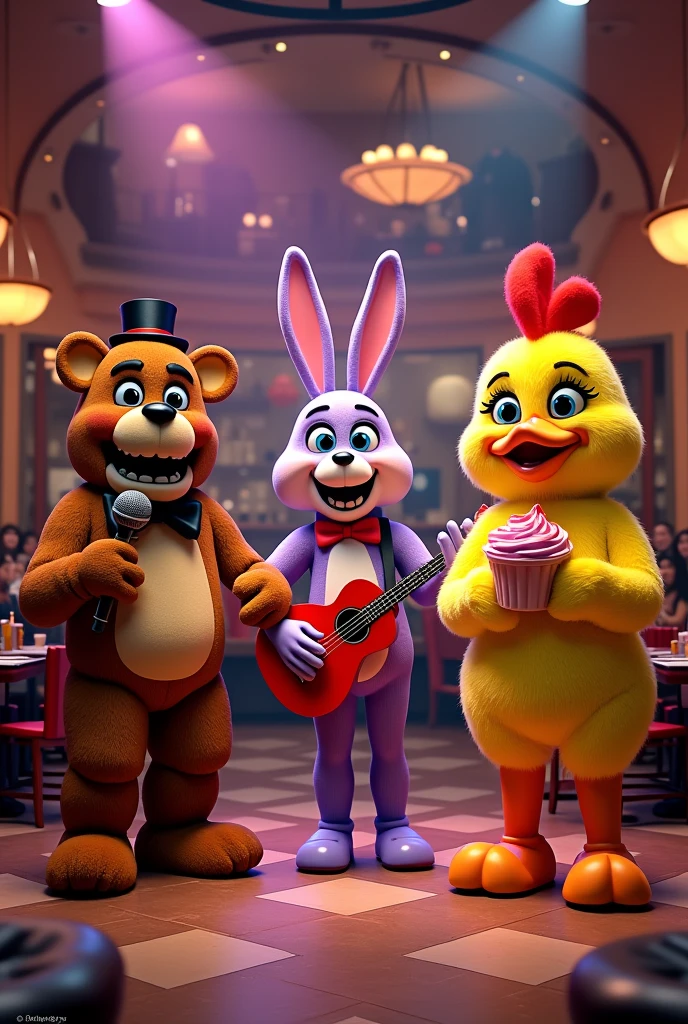 A pizzeria written on top Freddy Fazer Pizza's,This pizzeria has three large animatronics on stage singing, which are a bear with a microphone named Freddy.,a purple rabbit with a guitar named Bonnie and a yellow chicken named Chica holding a cupcake