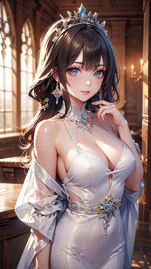 ((masterpiece)), (textured skin), ((high details)), best quality, award winning, 8k, beautiful woman, silk dress, noble, PRİNCESS, queen, bionde, half updo, hair flaps, tiara, crystal earrings,Castle、palace、middle ages