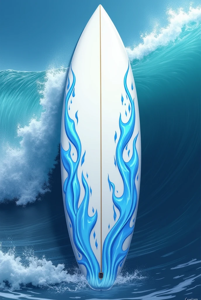 A white fish surfboard with blue flames