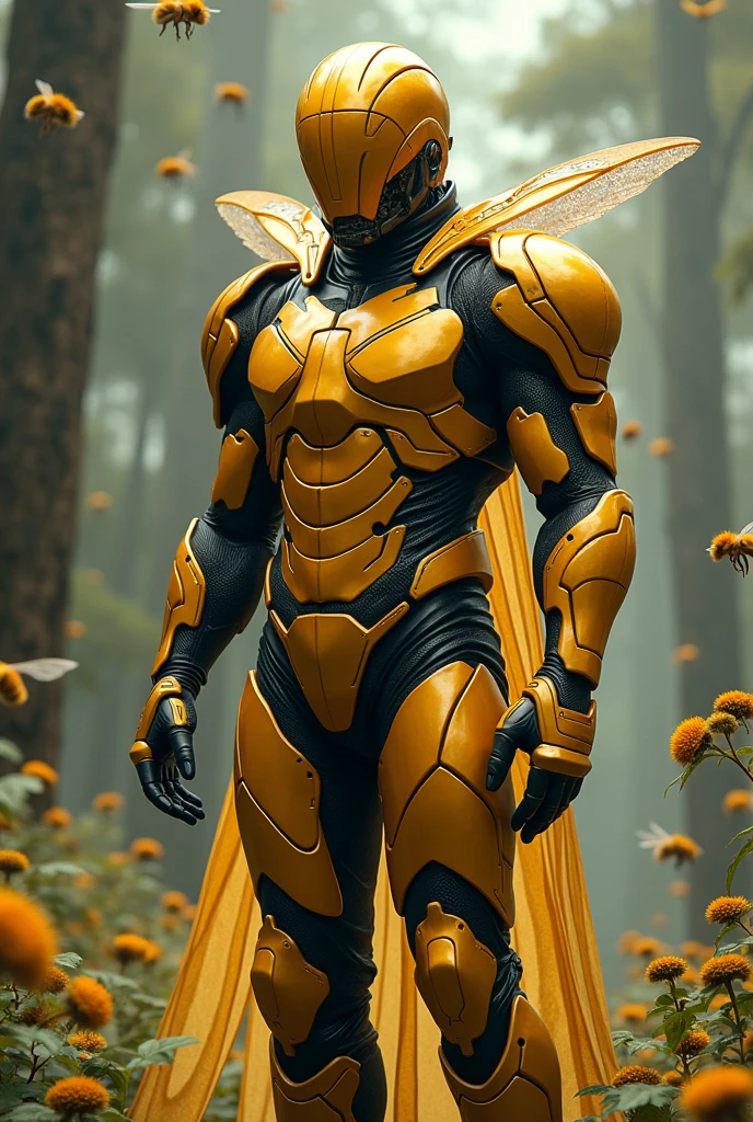 A man in bee-style armor 