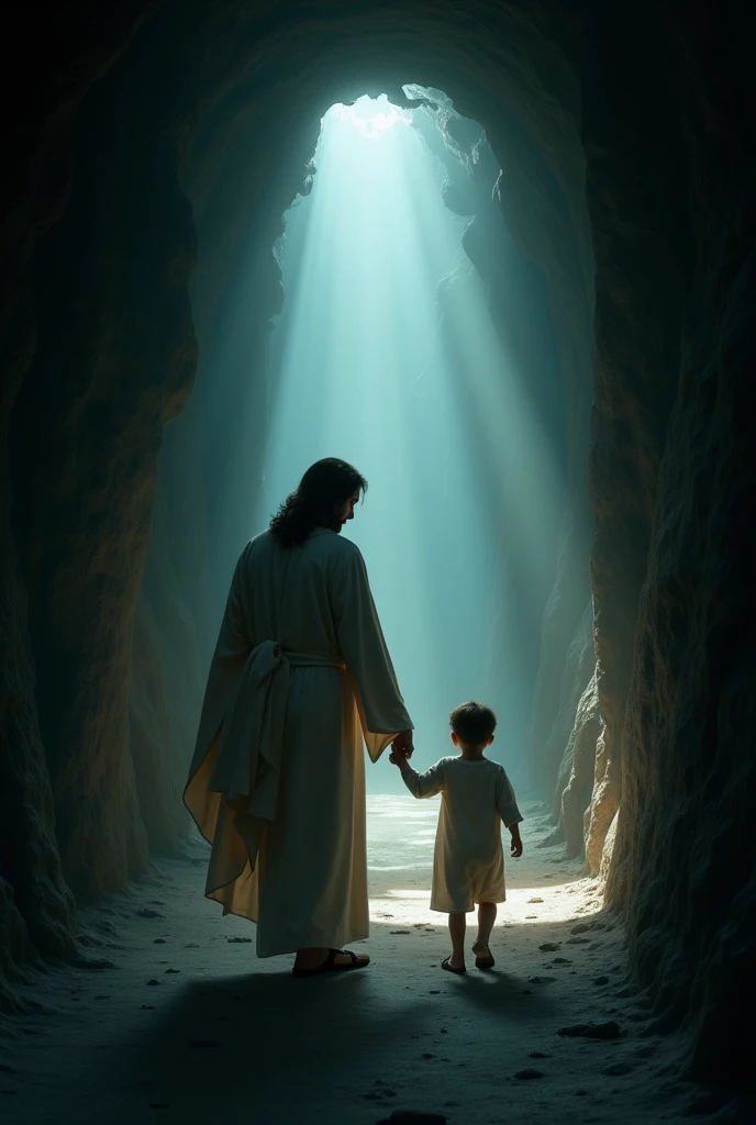 Jesus walking holding the hand of a white child with his back turned in a place similar to a very dark tunnel on the way to the light, going up an incredibly dark slope darker going up the most visible slope closest and visible size 4x4