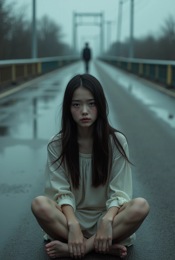 a 20 year old girl with very white skin, long and very straight dark brown hair, dark brown eyes, She is very sad and is sitting on a road bridge, In the distance of the bridge you can see the reflection of a person who is approaching her but his face cannot be seen.