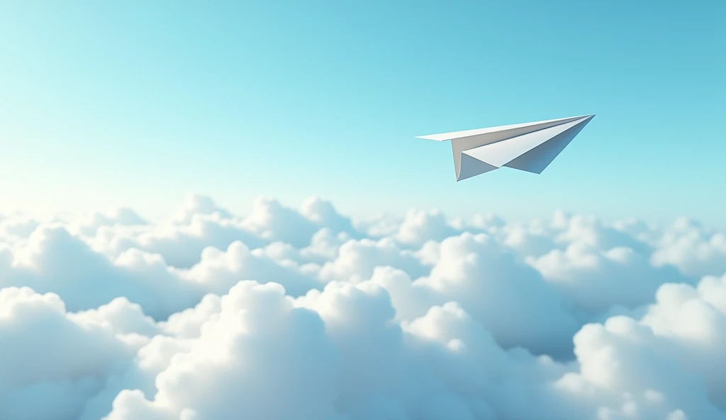 Looking down from above, a paper airplane glides over the clouds, tiny against the vast expanse of the sky.