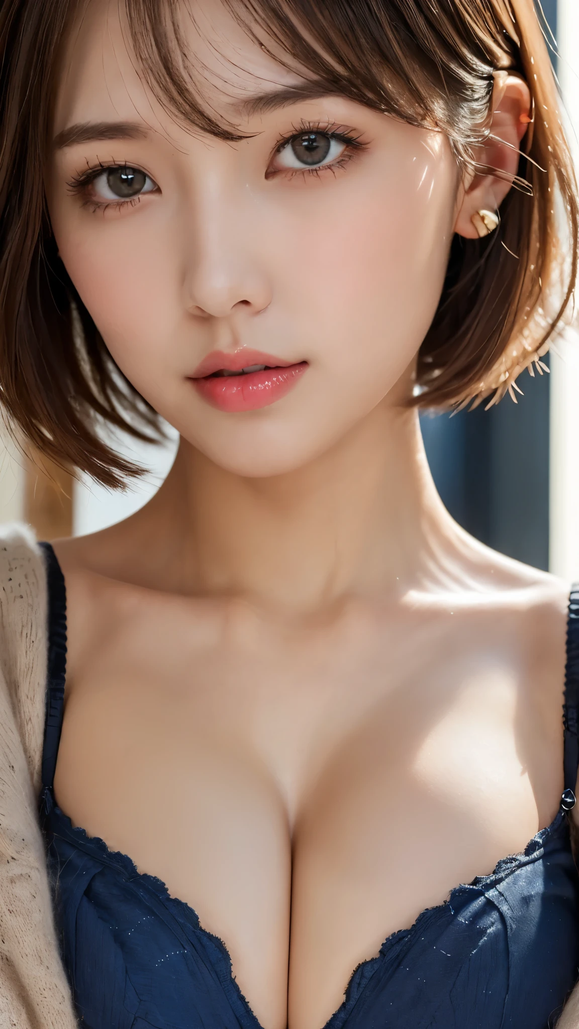 (Photorealistic, 32k, RAW photo, best quality:1.4), (masterpiece:1.3), (ultra high resolution, ultra realistic, highly detailed, golden ratio, ultra detailed), natural makeup, intricate cloth texture, finely detailed hair texture, beautiful full-body, perfect female form, anatomically accurate, highly detailed face and skin, (elegant hands), (realistic skin), (beautiful pale skin:1.1), (extreme close-up:2.0), (Oversized Breasts, generous cleavage), (Wearing Indigo Blue bra and panties:1.5),
BREAK,
realistic eyes, captivating detailed eyes, symmetric eyes, light brown eyes, double eyelids, thin eyebrows, (glossy lips:1.4), (kissable expression, blush:1.3),
BREAK,
((short bob cut, dark brown hair, bangs:1.2)), (Late Night, bedroom:1.3)