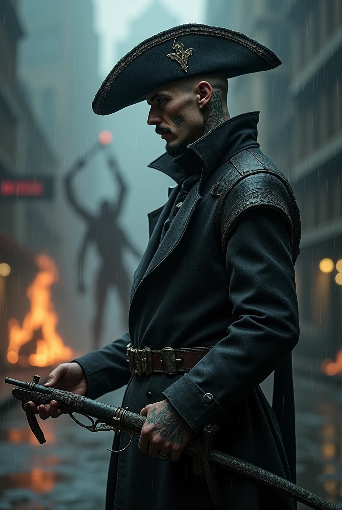 tattood male model shaved head, pointy mustachy, soul pach, glasgow smile scars, tall, slim fit, dressed as the main carrcter from the bloodborn videogame(raised coat collar, black pirate three-cornered) , one shoot flint pistol in the one hand, rapier sward in the other, very dark nigh in the rainy town from the bloodborn videogame with the cismic monsters from blooborn videogame atacking.