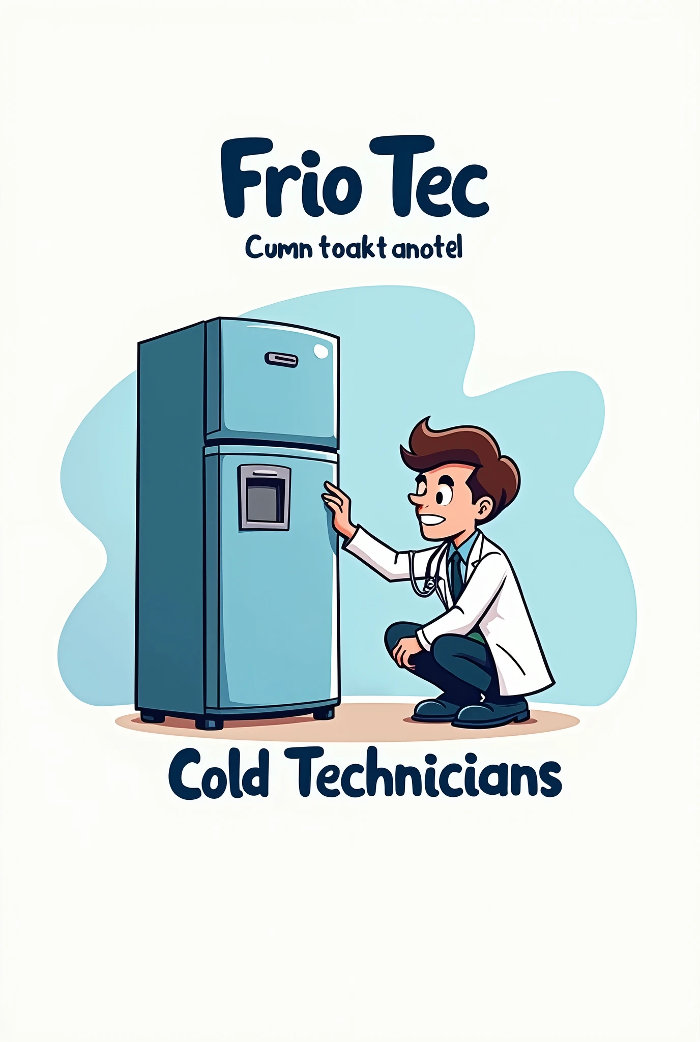 A cartoon logo of a refrigerator, a human crouching down, placing a stethoscope on it, and the name Frio Tec, slogan for cold technicians 