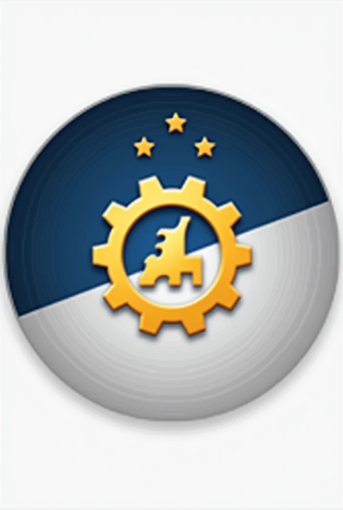 Imagine a logo composed of a circle divided into two halves by a horizontal line.. The top half is a deep blue, while the lower half is a light gray. In the center of the circle, There is a figure of a golden gear on a white background. Around the Circle, There are three small stars in the upper left corner, in a golden tone.