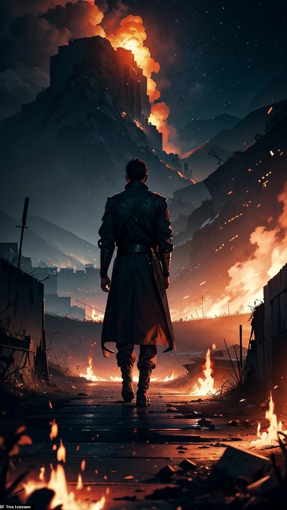 A man looking at a kingdom on fire, traces of war everywhere, and he is discredited, with his back to the viewer, a dark climate at night.