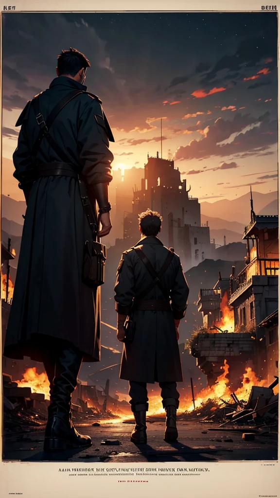 A man looking at a kingdom on fire, traces of war everywhere, and he is discredited, with his back to the viewer, a dark climate at night.