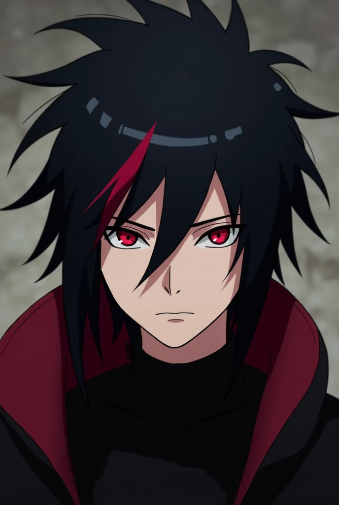 Un nouveau personnage de Naruto il a les cheveux noir avec des mèches rouges et les yeux noir avec des reflets de rouge et un regard perçant il la peau pas trop blanche pas trop bronze et il s'habille en noir 
