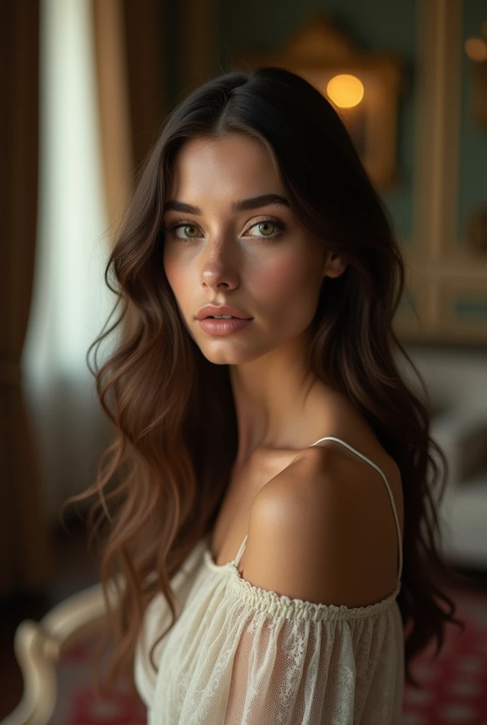 A 24 Y-O Portuguese girl, (slick straighten dark brown hair), (slim and toned body), fair skin, soft lips, (delicate features), (light skin tone), (Perfect body:1.2), (striking green eyes), (posing gracefully in a classic European-style apartment, elegant decor).