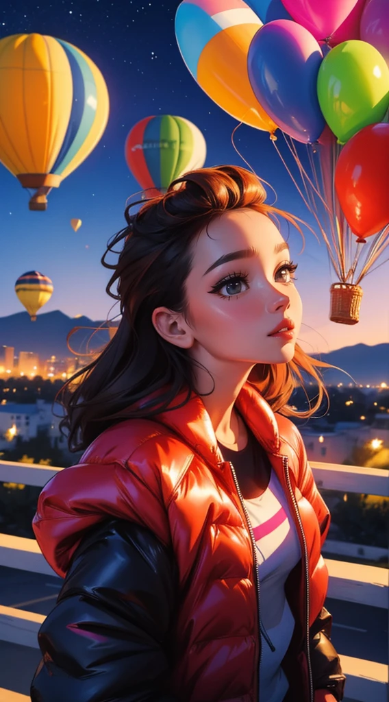 divinity grecques, Paysage de nuit qui passe, Balloon, Une belle fille avec, UHD Portrait, (High quality) (ultra details) Regarder le spectateur en tenue de ville de style hip-hop; different, colourfull, cheveux longs 🌈