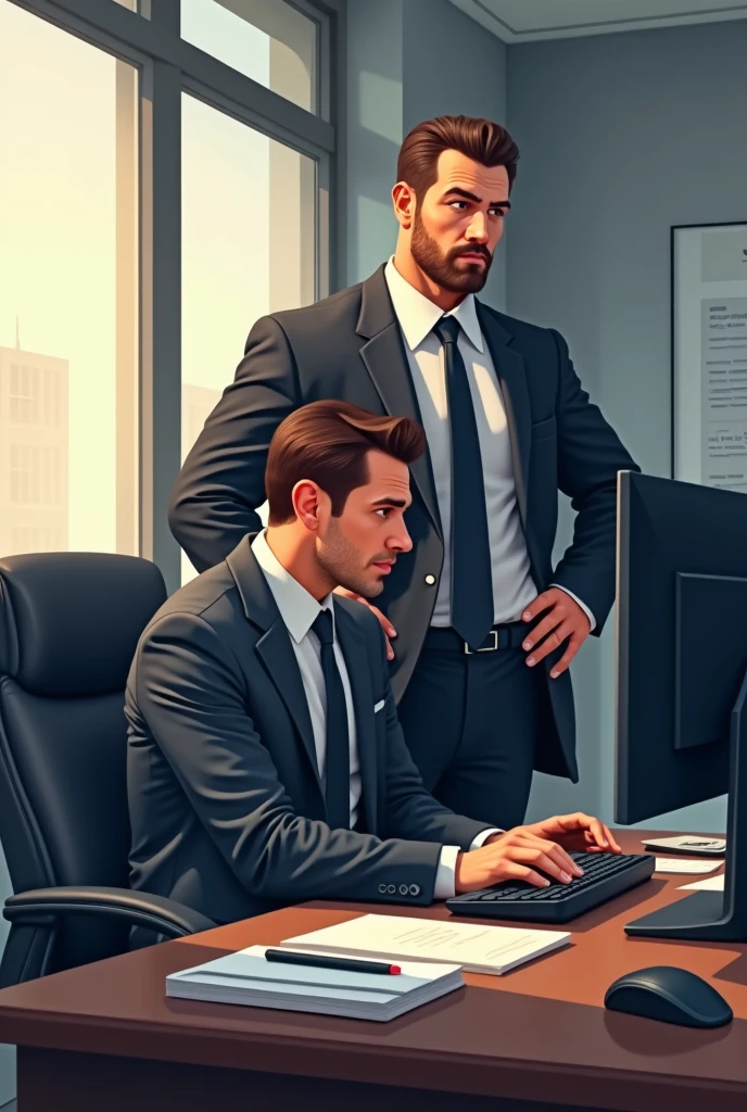 Bill sits working at a computer and is supervised by his boss who is a person dressed in a suit