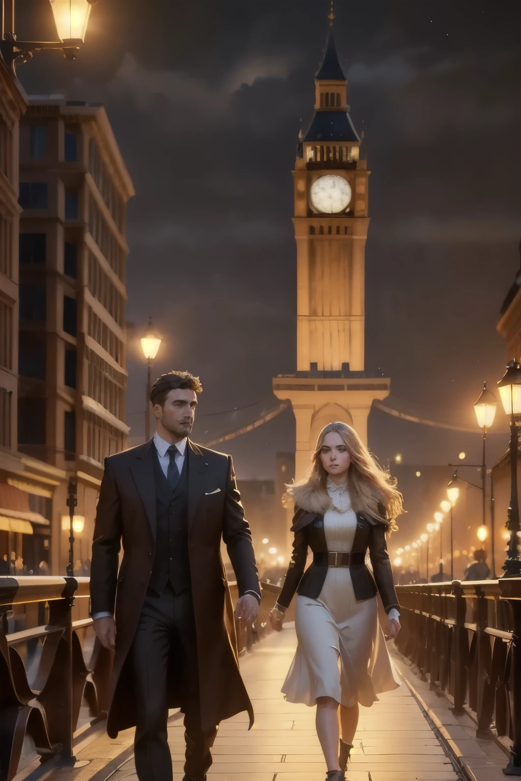 people walking on a bridge in a city at night with a large clock tower in the background, classic scenario, arstation and beeple highly, city street, metropolis, Albert Edward Hughes's draw style