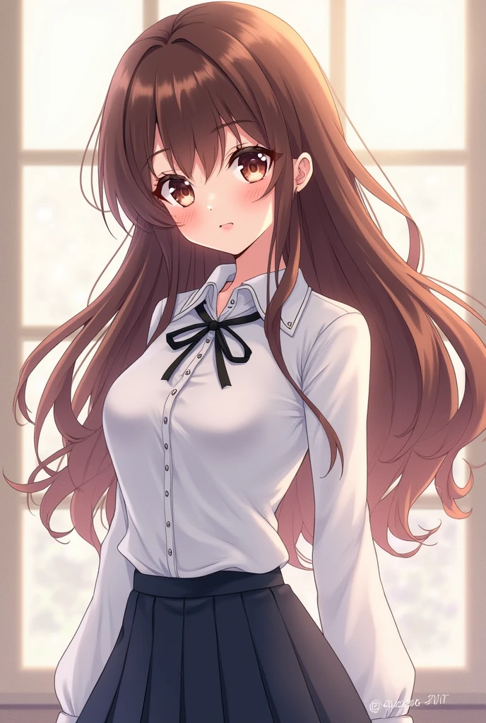Beautiful brunette anime woman dressed in school uniform