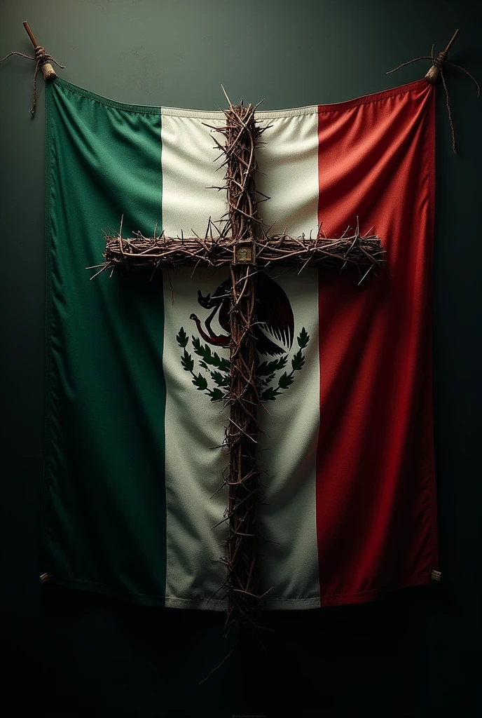 Mexican flag covered by a cross of thorns