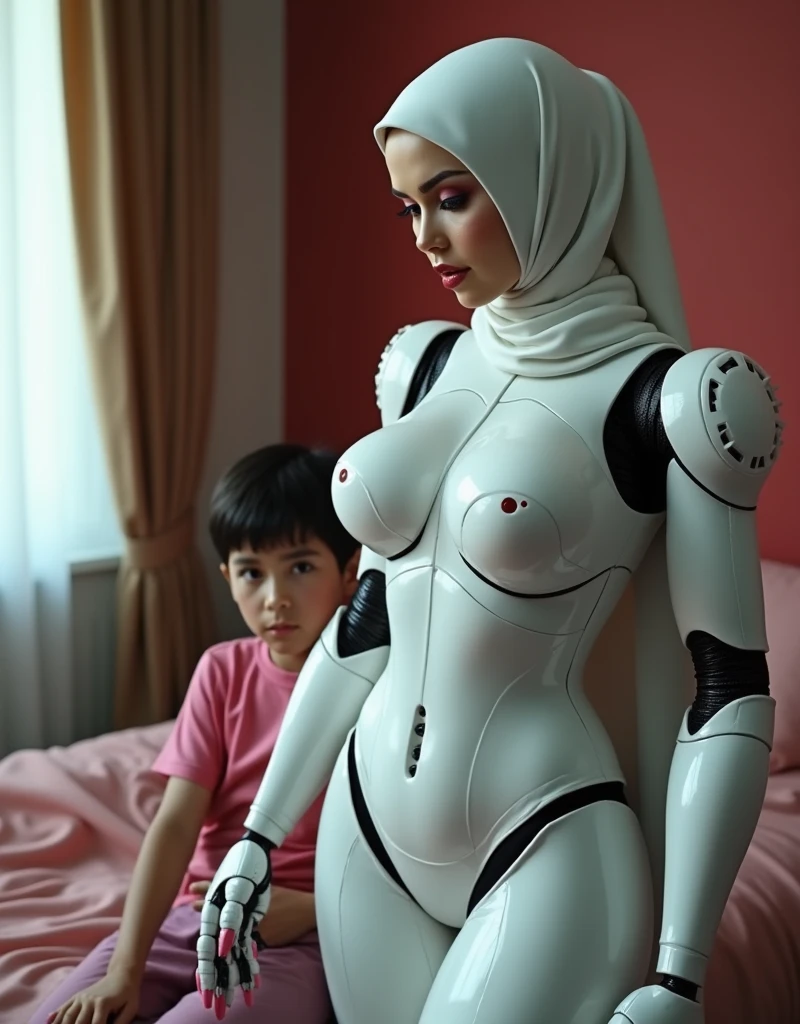 mommy robot wearing hijab, big breasts, white body, robot arm, seductive expression, long nails, pink lips and wearing glove latex on the bedroom, playing with teenage boy