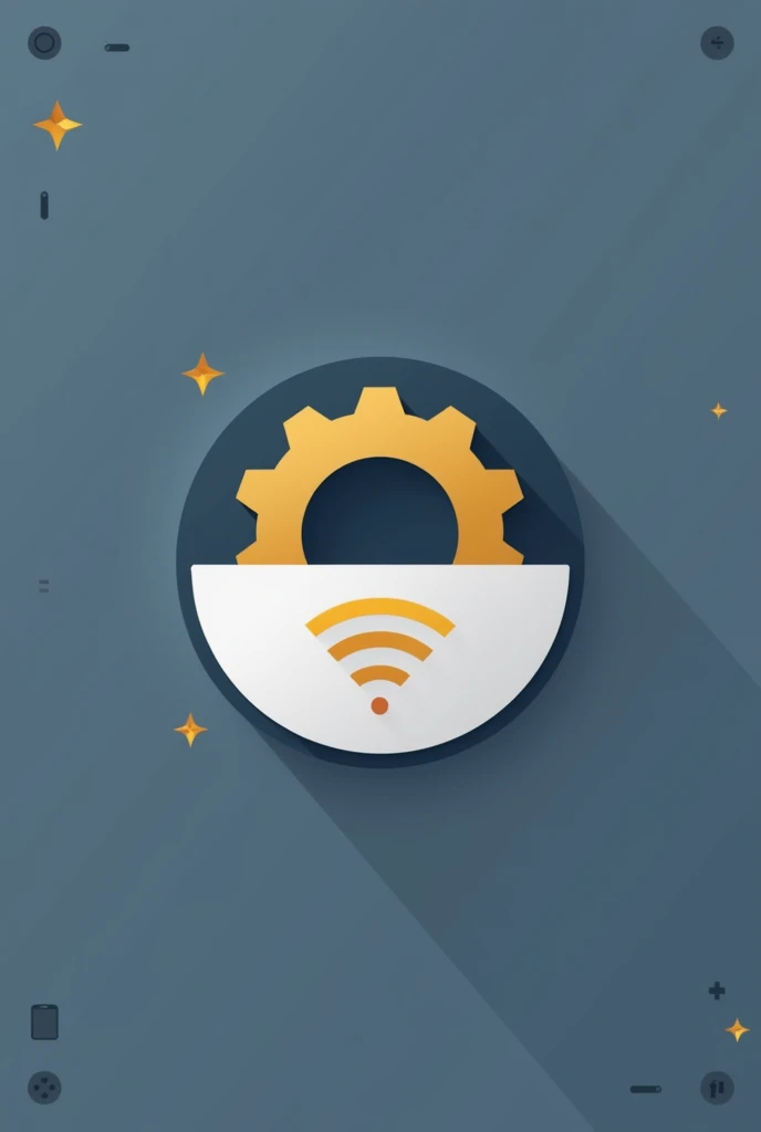 Imagine a logo composed of a circle divided into two halves by a horizontal line.. The top half is a deep blue, while the lower half is a light gray. In the center of the circle, There is a figure of a golden gear on a white background. Around the Circle, There are three small stars in the upper left corner, in a golden tone.