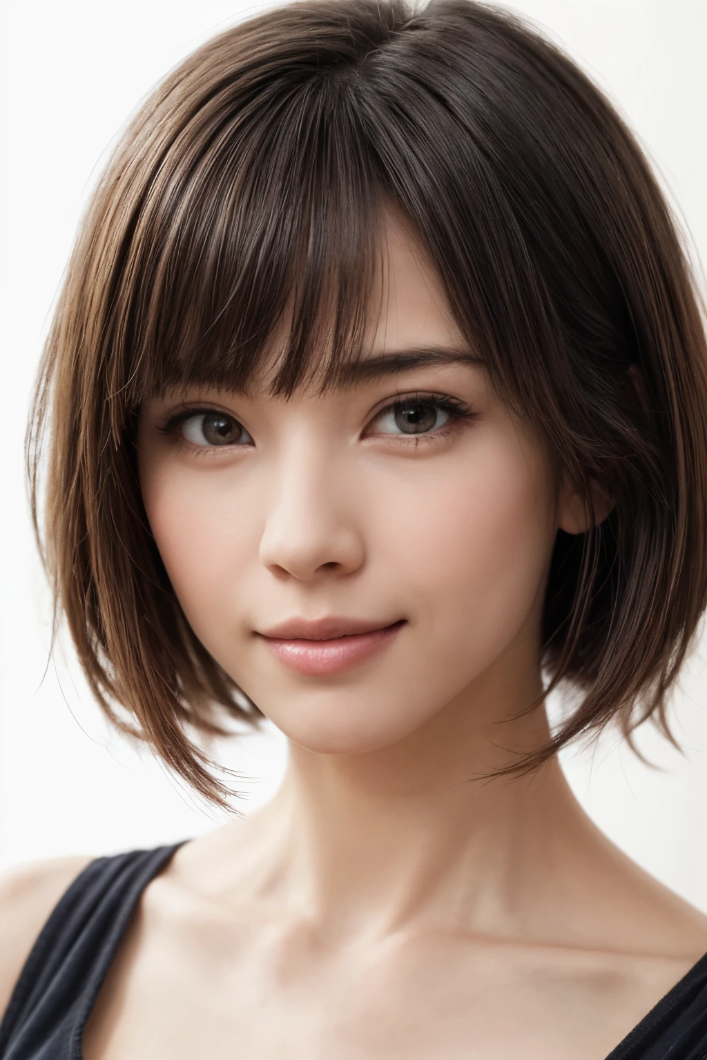 ((masterpiece, Highest quality, High resolution、Realisticですべてが美しく詳細に描かれている)), 1 person, (Realistic: 1.4), alone, White Background, snow-White Background, Mouth closed, smile, smile, Beautiful black hair, short hair, Big eyes, Transparent double eyelids, eyelash, Listen carefully, Long neck, 美しくLong neck, Absolute area, ((Face close-up)), (Draw the whole head, shoulder), 1, Attractive proportions, Glowing Skin, Beautiful clavicle, Golden ratio face, Perfect Face, Teardrop-shaped mole, chestのほくろ, bangs, clean bangs, beautiful bangs, Lip gloss, Thin lips, Fair skin, naked, Big Breasts, {Huge|big|Hugeな|Mega} chest:2, chestの谷間:2,chestの谷間を見せる、Small face, Small face, All the heads are painted, shoulder all drawn, Point slightly above the camera