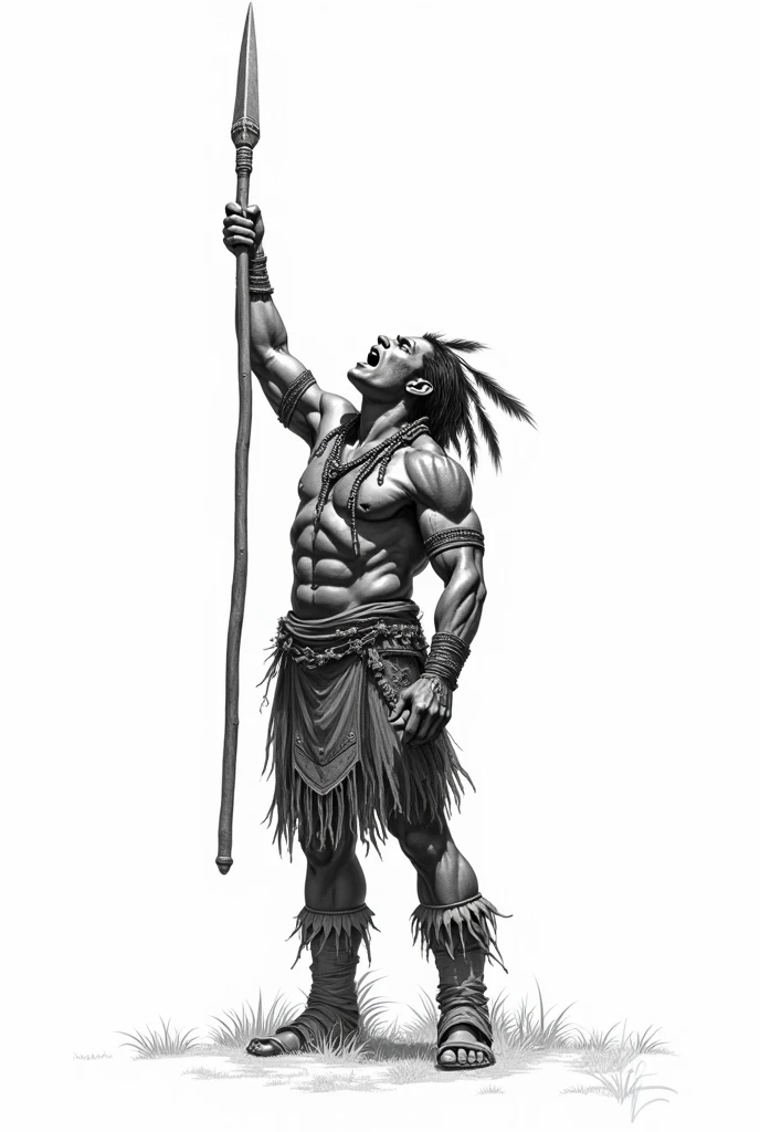 Black and white Drawing, Red indian man, with a spear, standing, clear background, shouting to the sky
