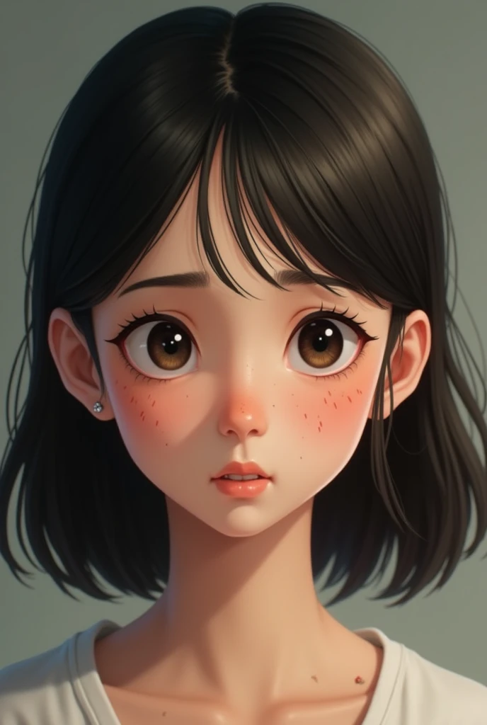 This character has a youthful, slightly oval-shaped face., with subtly defined cheekbones that give her a balanced look. His skin is clear, but shows some acne marks on the cheeks, which adds a touch of realism. The eyes are dark and medium sized., They convey a serious and profound expression. They are framed by straight, well-defined eyebrows., that accentuate your look. The nose is straight and proportional., harmonizing well with the rest of its features. Her lips are thin, with a slight natural curvature, completing his expression. The hair is dark, seeds, and medium length, falling naturally over her forehead and to the sides of her face, framing her features softly.