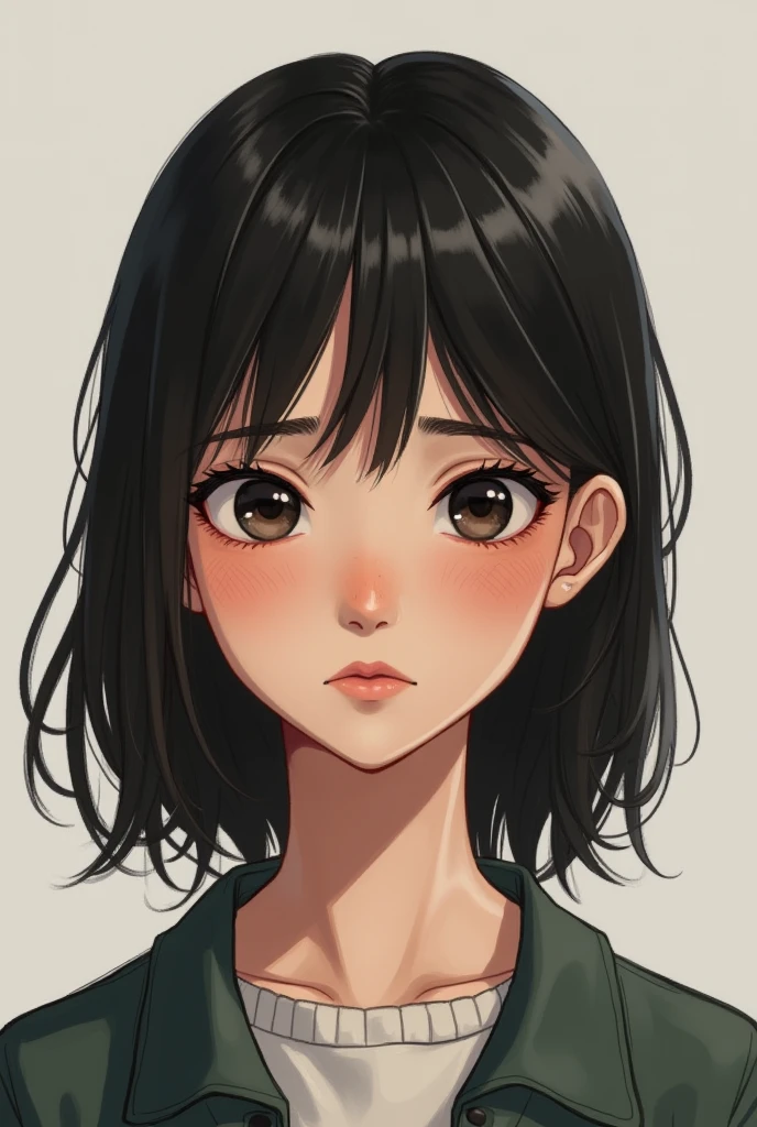 This character has a youthful, slightly oval-shaped face., with subtly defined cheekbones that give her a balanced look. His skin is clear, but shows some acne marks on the cheeks, which adds a touch of realism. The eyes are dark and medium sized., They convey a serious and profound expression. They are framed by straight, well-defined eyebrows., that accentuate your look. The nose is straight and proportional., harmonizing well with the rest of its features. Her lips are thin, with a slight natural curvature, completing his expression. The hair is dark, seeds, and medium length, falling naturally over her forehead and to the sides of her face, framing her features softly.