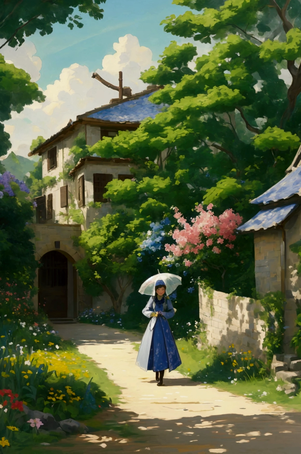 A wild pathway spilling with summer flowers, a distant view of a noblewoman passing by with a parasol, the figure of the noblewoman blending into the landscape, the scene of Cézanne's painting, illustration, and the best quality of the picture.
