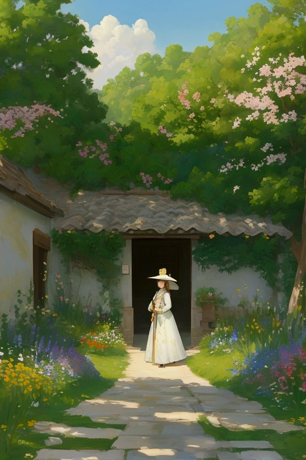 A wild pathway spilling with summer flowers, a distant view of a noblewoman passing by with a parasol, the figure of the noblewoman blending into the landscape, the scene of Cézanne's painting, illustration, and the best quality of the picture.