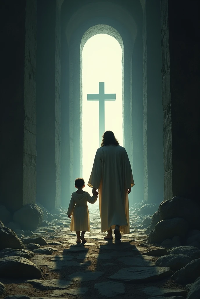 Jesus walking holding the hand of a white child with his back turned in a place similar to a very dark tunnel on the way to the light, going up an incredibly dark slope darker going up the most visible slope closest and visible with a gate in the shape of a cross sized 4x4