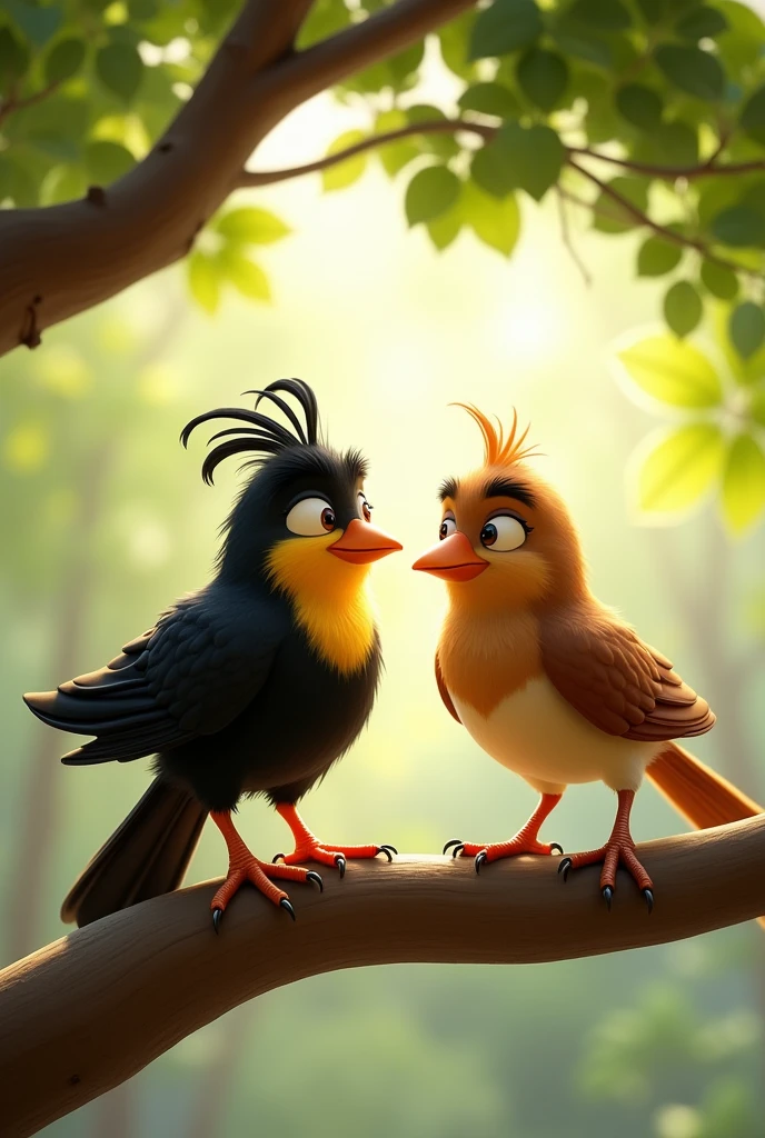 Pixar Animation Style of a black bird with a yellow chest and eyebrows with white feathers conversing on a tree branch with another brown bird its feathers during a sunny afternoon