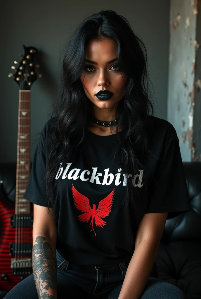 Black lipstick beautiful, full body, gothic, rocker, wearing a t-shirt with the text "Blackbird", leather boots, an electric guitar behind her, HD, super realistic, photography, Canon Rebel, nice pretty body, rockstar style