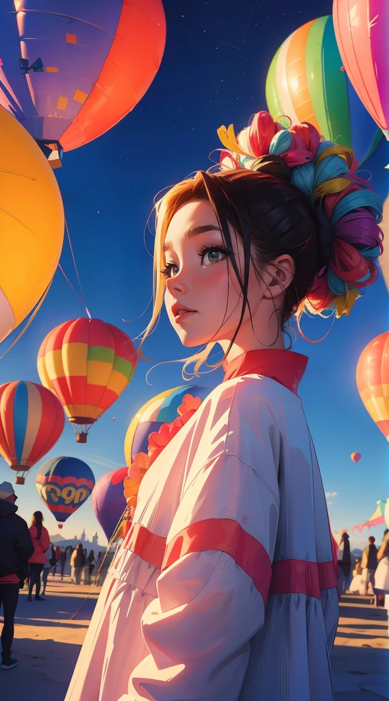 divinity grecques, Paysage de nuit qui passe, Balloon, Une belle fille avec, UHD Portrait, (High quality) (ultra details) Regarder le spectateur en tenue de ville de style hip-hop; different, colourfull, cheveux longs 🌈