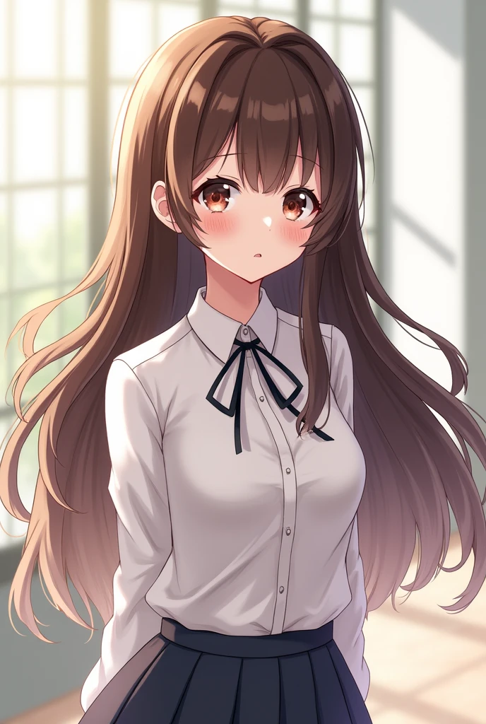 Beautiful brunette anime woman dressed in school uniform