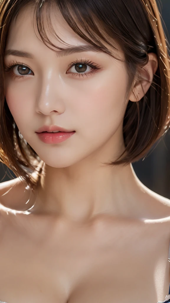(Photorealistic, 32k, RAW photo, best quality:1.4), (masterpiece:1.3), (ultra high resolution, ultra realistic, highly detailed, golden ratio, ultra detailed), natural makeup, intricate cloth texture, finely detailed hair texture, beautiful full-body, perfect female form, anatomically accurate, highly detailed face and skin, (elegant hands), (realistic skin), (beautiful pale skin:1.1), (extreme close-up:2.0), (Oversized Breasts, generous cleavage), (Wearing bra and panties:1.5),
BREAK,
realistic eyes, captivating detailed eyes, symmetric eyes, light brown eyes, double eyelids, thin eyebrows, (glossy lips:1.4), (kissable expression, blush:1.3),
BREAK,
((short bob cut, dark brown hair, bangs:1.2)), (Late Night, bedroom:1.3)