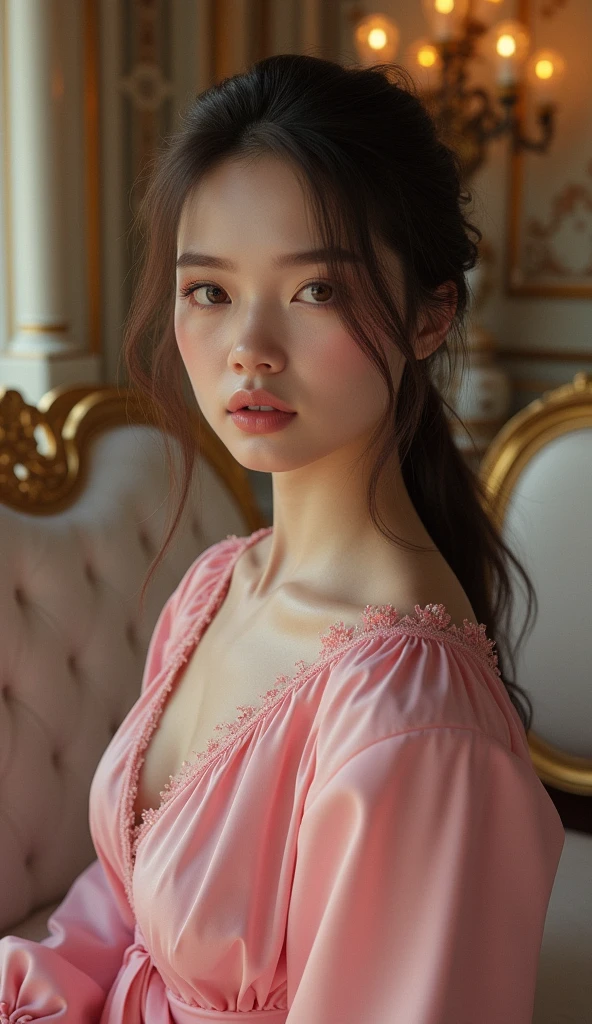 Masha. Ultra realistic looking at the camera. In a pink outfit in a beautiful setting in a house in the living room