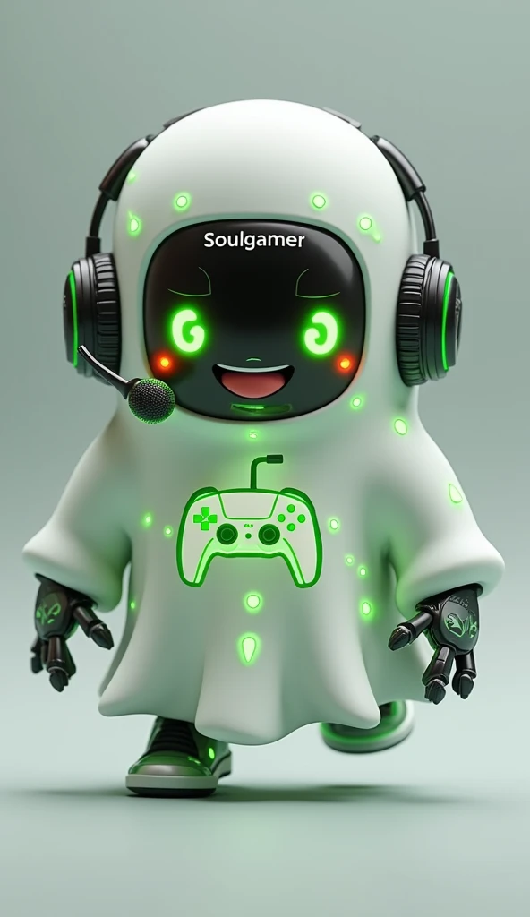 Create a medium-sized robot pet with a ghost-like appearance. With slightly rounded shapes resembling a drop. Create a medium-sized robot pet with a ghost-like appearance. With slightly rounded shapes resembling a drop. On his hands he has well-defined fingers and fluorescent green details.. His facial expression has large, green eyes with a glow, conveying a friendly and cheerful expression. He has a small open mouth with a happy smile and flushed cheeks.. Its body is white with small green details and a smooth, slightly shiny texture.. On his forehead is written the word "Soulgamer".He has a headset on his head with an adjustable microphone positioned close to his mouth.. And on his chest you can see the illuminated shape of a Playstation 5 controller in fluorescent green.. He floats in the air as if he is ready for an adventure, but you can see the tips of their feet which also have fluorescent green details.