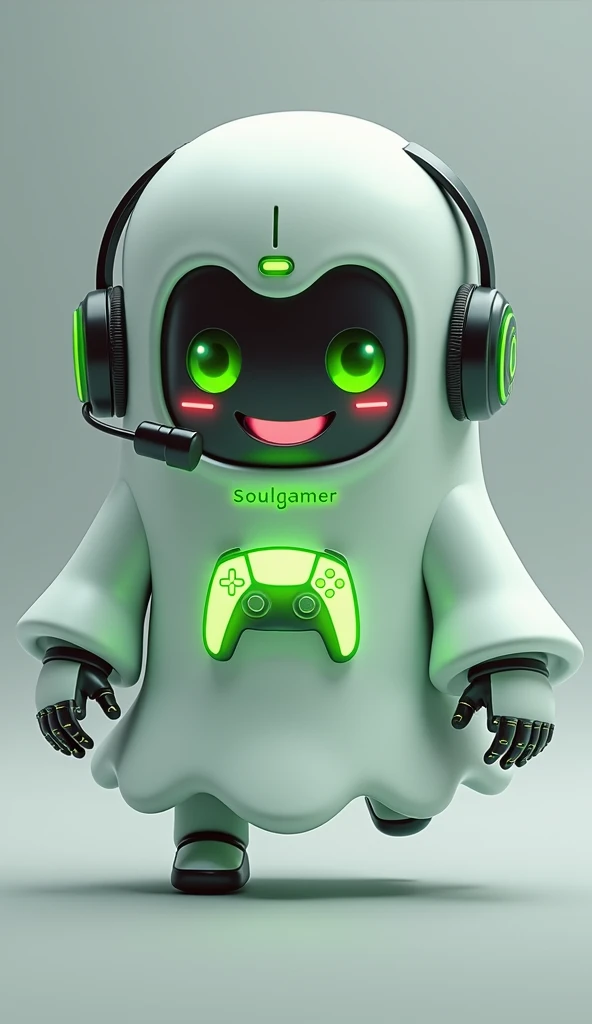 Create a medium-sized robot pet with a ghost-like appearance. With slightly rounded shapes resembling a drop. Create a medium-sized robot pet with a ghost-like appearance. With slightly rounded shapes resembling a drop. On his hands he has well-defined fingers and fluorescent green details.. His facial expression has large, green eyes with a glow, conveying a friendly and cheerful expression. He has a small open mouth with a happy smile and flushed cheeks.. Its body is white with small green details and a smooth, slightly shiny texture.. On his forehead is written the word "Soulgamer".He has a headset on his head with an adjustable microphone positioned close to his mouth.. And on his chest you can see the illuminated shape of a Playstation 5 controller in fluorescent green.. He floats in the air as if he is ready for an adventure, but you can see the tips of their feet which also have fluorescent green details.