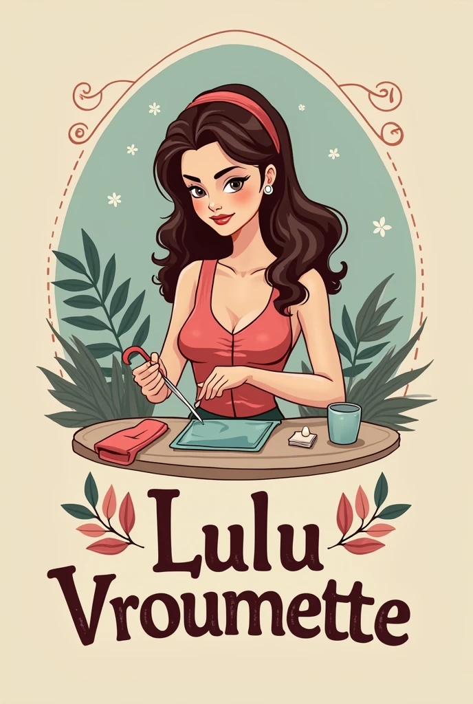 Cree un logo pour une onglerie sur roues dans un fourgon emménager, qui s'appelle "LULU VROUMETTE". Il y a une dame au cheveux brun qui fait une manicure