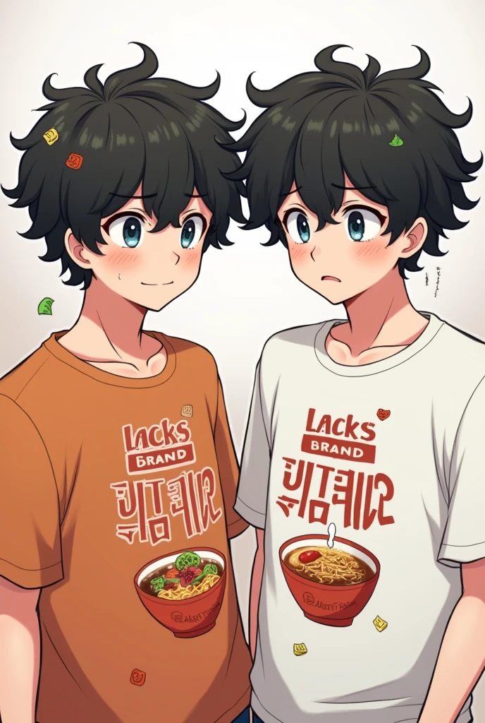 A 2 man with 2cm curly black hair and medium build with a lacky brand instant soup theme his curly hair must have some small instant soup vegetables (not whole, already cut like the soups come in)4 pretending that they are instant soup noodles and their shirt must be printed with instant soup It must be like an anime drawing With a somewhat shy or insecure look