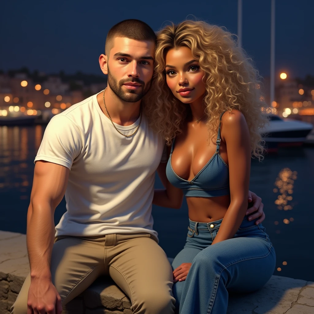 Selfie, Two friends, a White male man, 30's, brown eyes, buzz cut hair style, buzz cut hair, he wears a white T-shirt and beige pants,A woman Toffee color skin, beautiful toffee mixed woman with long blond curly hair and extremely detailled clear yellow eyes, middle body, she wears a sexy blue top and a Flared denim pants, selfie,They are sitting on a stone wall with a view of a port at night, ultrarealism