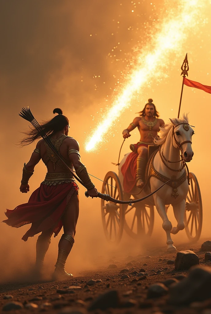 Depict Karna releasing a powerful arrow that strikes Arjuna’s chariot, pushing it back by a few feet. Arjuna’s chariot, with divine protection, moves only slightly. Show the magnitude of the impact by emphasizing the dust swirling around the chariot’s wheels and the divine glow from Hanuman on the flag, Sheshnaag on the wheels, and Krishna guiding the chariot..