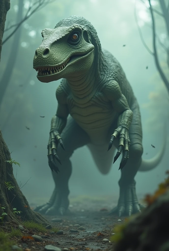 I want a rex dinosaur that has a living head and a skeleton body that is a little angry and has slightly big eyes.