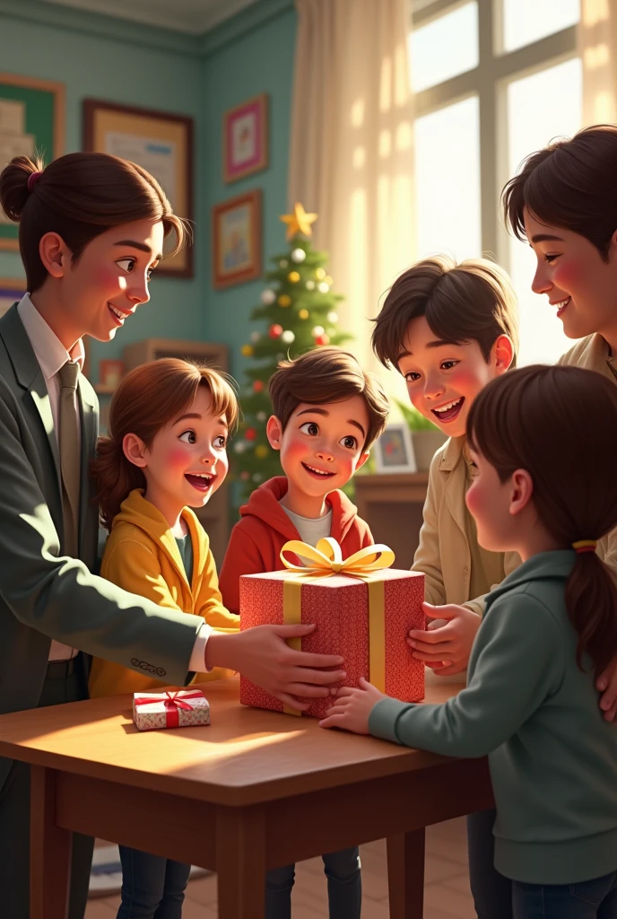 Create an image of people giving gifts to children in a classroom




