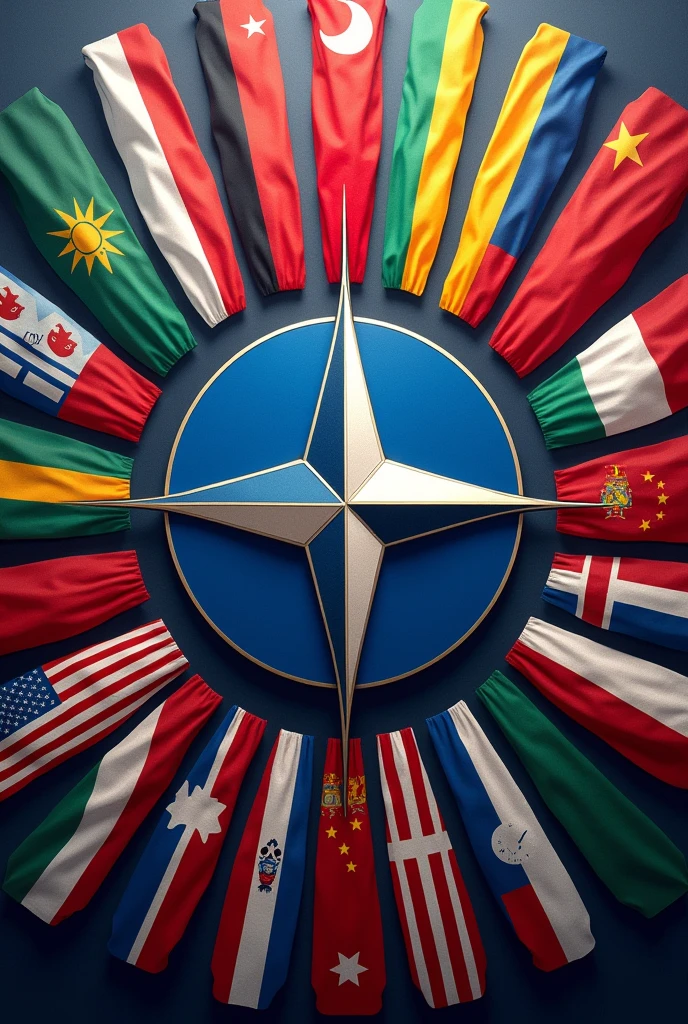 NATO symbol surrounded by the flags of allied countries