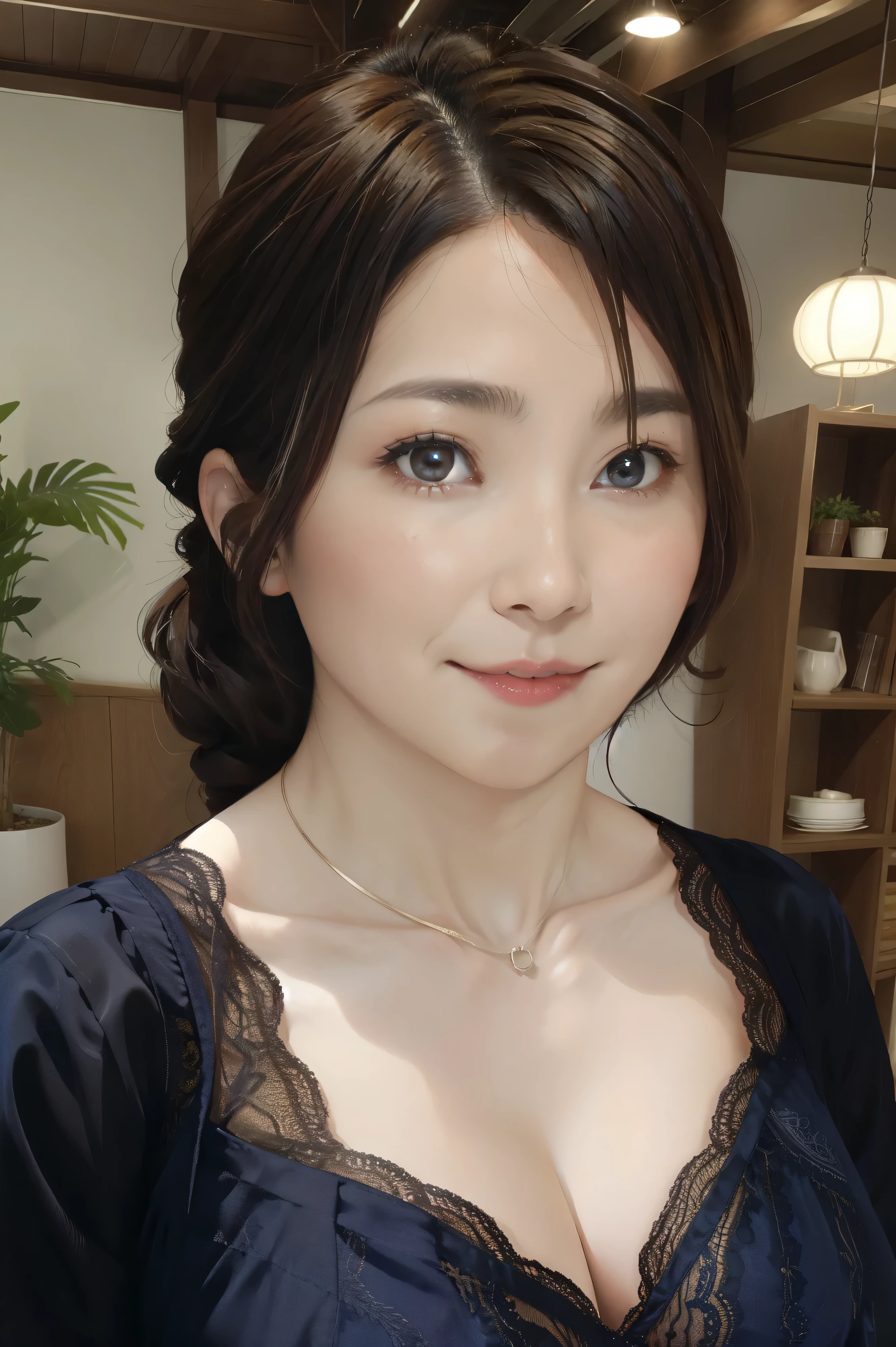 Middle-aged women:1.5、50 years old:1.8、Random Pause、Random Hairstyles、Simple background of blue sky、Best image quality、Ultra-realistic, 最high quality, high quality, High resolution, high qualityな質感, Big Breasts、A dress with a wide open chest、Lace Outfit、Woman in lingerie、Mature Woman、Perfect hands、Chubby woman、Plump woman、Upward glance