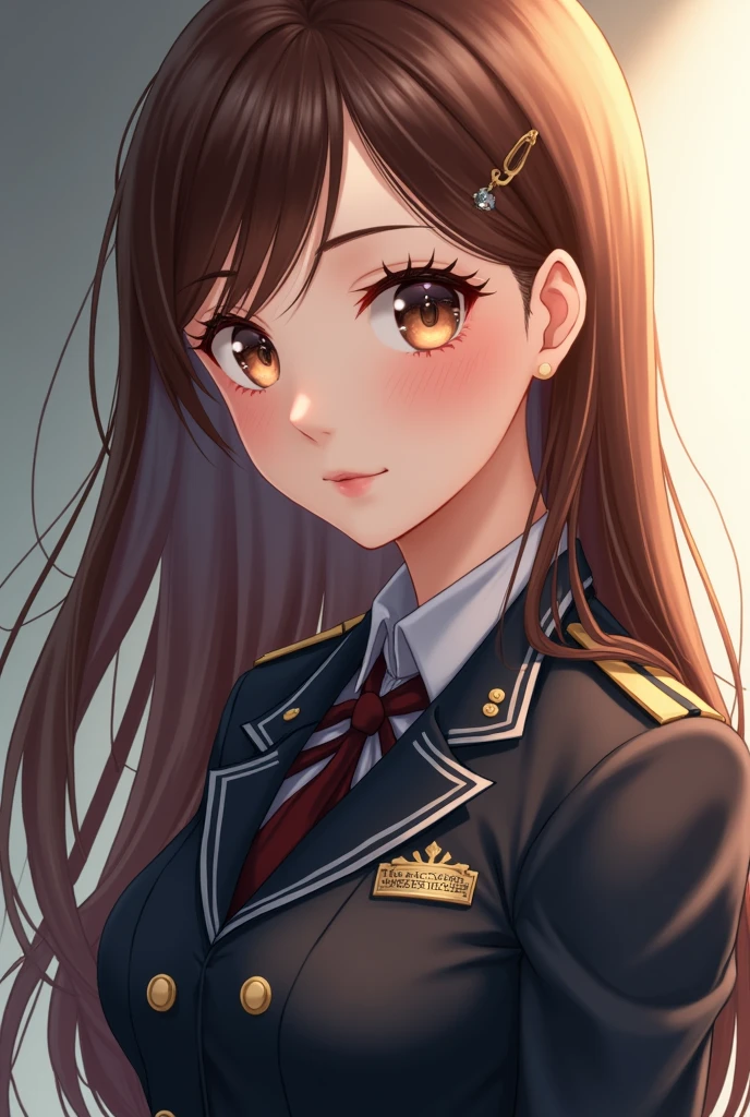 Beautiful brunette anime woman dressed in uniform
