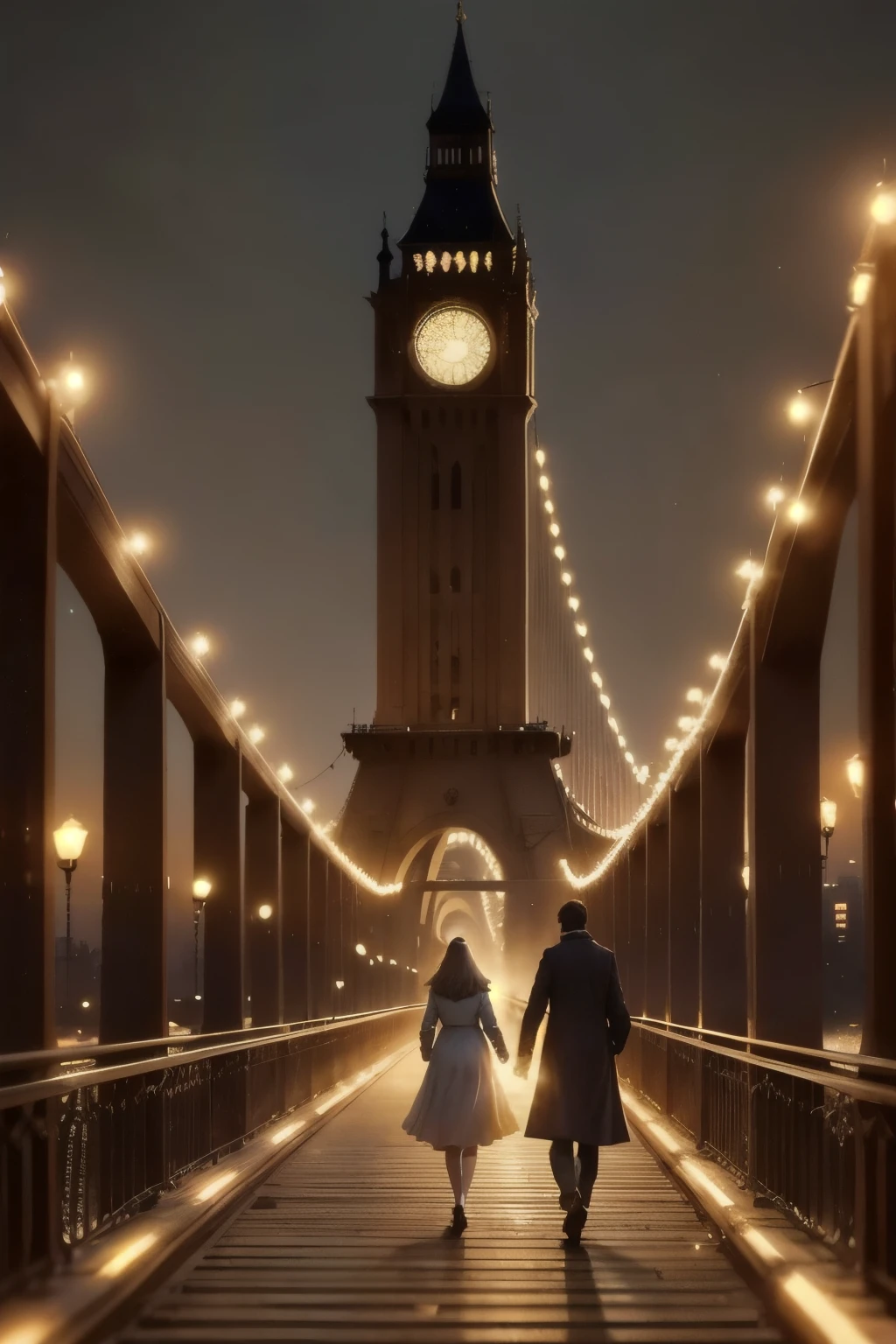 people walking on a bridge in a city at night with a large clock tower in the background, classic scenario, arstation and beeple highly, city street, metropolis, Albert Edward Hughes's draw style