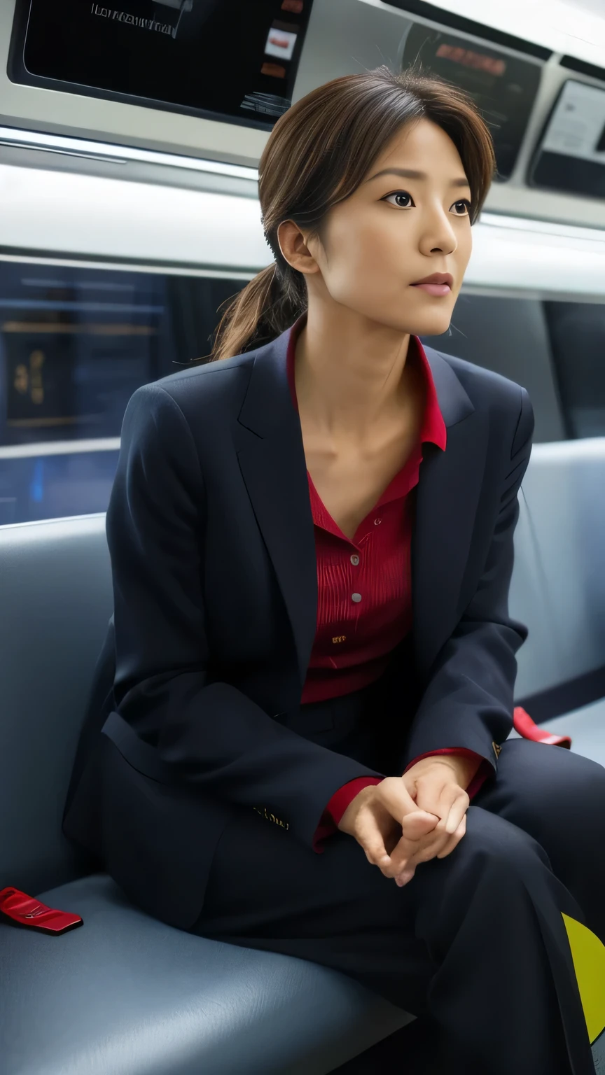 uhd, masterpiece, high quality, 16K、Japanese women、40 years old、Wear a business suit、Close-up photo focusing on upper body、Sit with your legs apart on the subway seat、Place your hands on your crotch、Glaring at the camera、Anatomically correct limbs、Meticulously delineated eyes、Beautiful clavicle、
