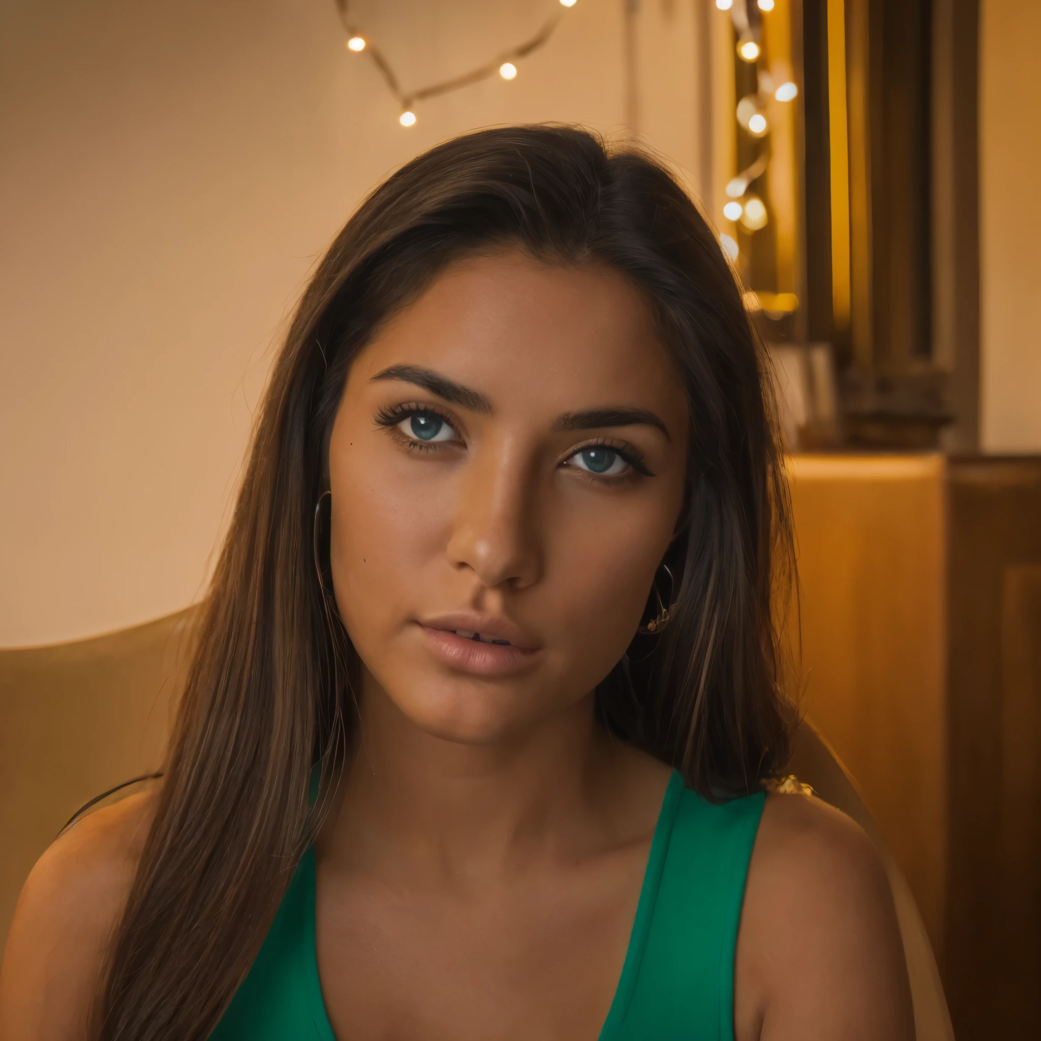 a young colombian woman in her 20s, sitting alone on a chair in her bedroom, wearing a revealing top, beautiful detailed eyes, beautiful detailed lips, extremely detailed face and skin, long hair, green eyes, warm lighting, photorealistic, cinematic, elegant, (best quality,4k,8k,highres,masterpiece:1.2),ultra-detailed,(realistic,photorealistic,photo-realistic:1.37),HDR,UHD,studio lighting,vivid colors,bokeh